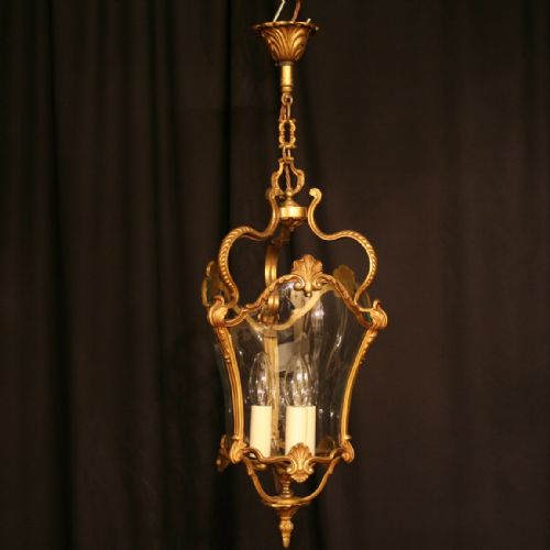 A French Gilded Triple Light Antique Hall Lantern