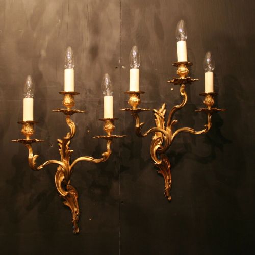 A French Pair of Gilded Triple Arm Antique Wall Lights