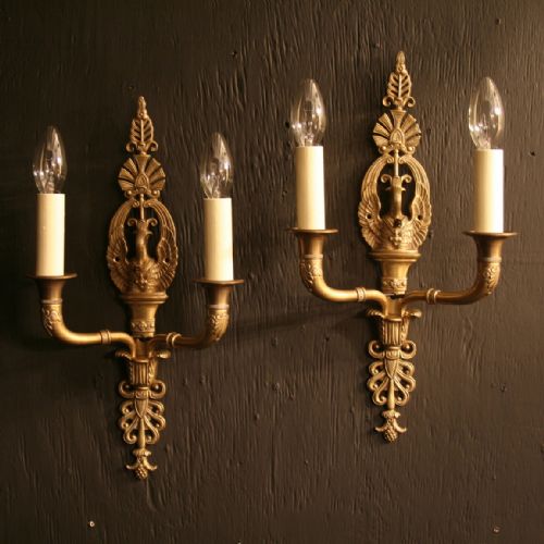 A French Pair of Cast Brass Swan Antique Wall Lights