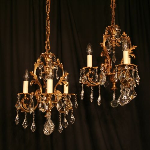 An Italian Pair of Gilded Cast Brass & Crystal Antique Chandeliers