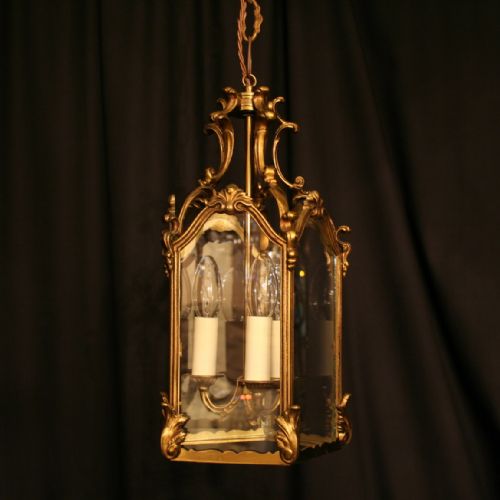 A French Gilded Triple Light Antique Hall Lantern