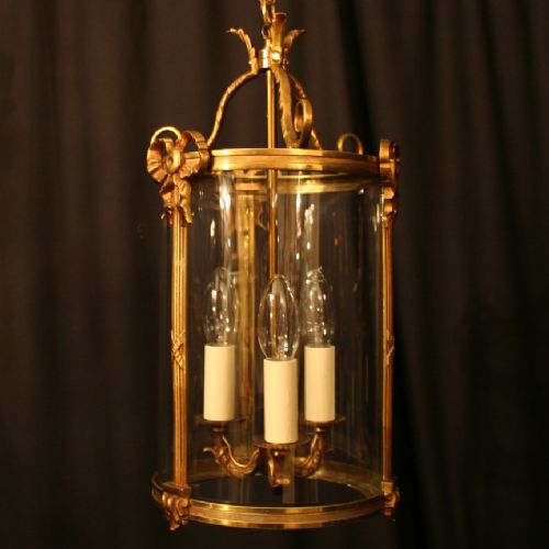 A French Gilded Triple Light Antique Hall Lantern