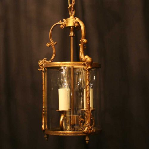 A French Gilded Brass Triple Light Antique Hall Lantern
