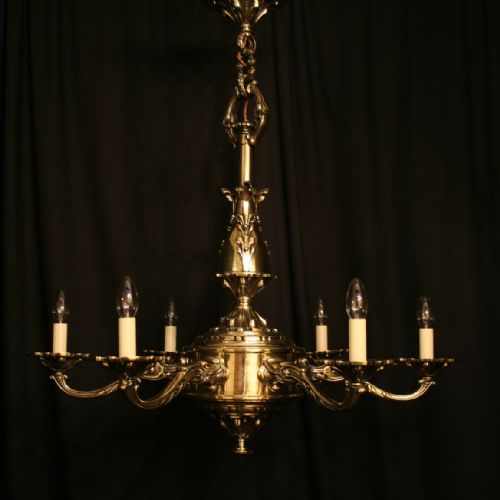 A Large French Brass 6 Light Antique Chandelier