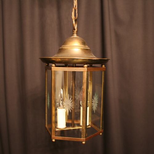 A French Brass Twin Light Hexagonal Hall Lantern