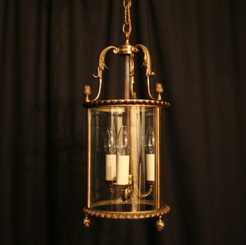 A French Gilded Cast Brass Triple Light Antique Hall Lantern