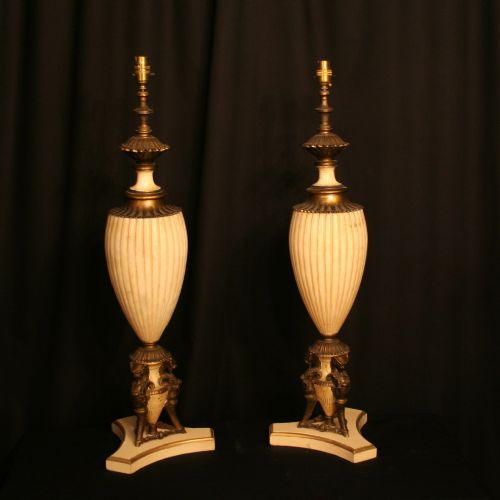 A French Pair of Alabaster & Brass Table Lamps