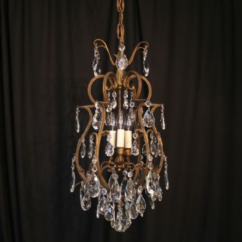 An Italian Gilded Cast Brass Bird Cage Form Antique Chandelier