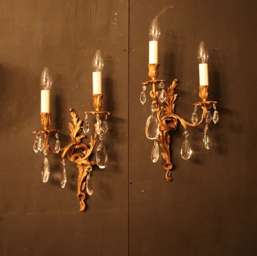 A French Pair of Gilded Cast Brass Antique Wall Lights
