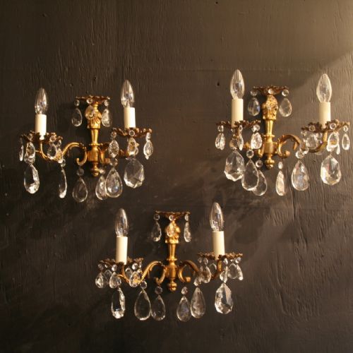 An Italian Set of 3 Gilded Cast Brass Twin Arm Antique Wall Lights