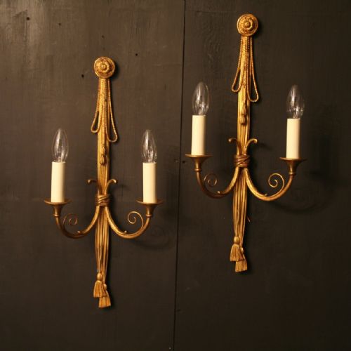 A French Pair of Gilded Rope & Tassel Twin Arm Antique Wall Lights