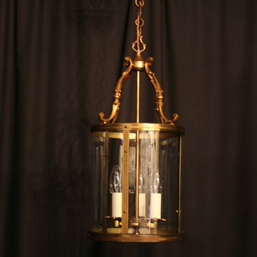 A French Gilded Triple Light Antique Convex Circular Hall Lantern