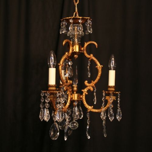 An Italian Gilded Cast Brass & Crystal Triple Light Antique Chandelier