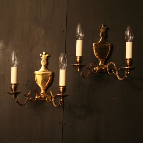 A Flemish Pair of Cast Brass Twin Arm Antique Sconces