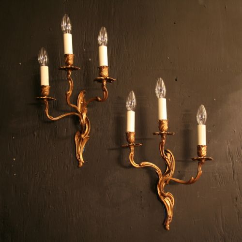 A French Pair of Gilded Triple Arm Antique Wall Lights