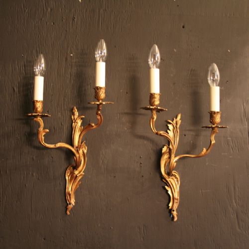 A French Pair of Gilded Twin Arm Antique Wall Lights