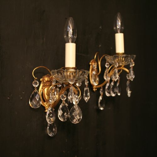 A French Pair of Single Arm Gilded & Crystal Antique Wall Lights