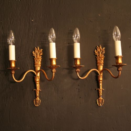 A French Pair of Gilded Flame Twin Arm Antique Wall Lights