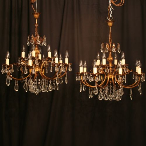 A French Pair of Gilded Double Tiered 12 Light Antique Chandeliers