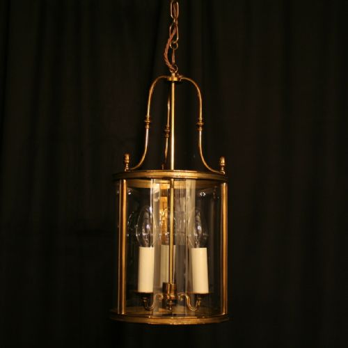 A French Brass Triple Light Convex Antique Hall Lantern