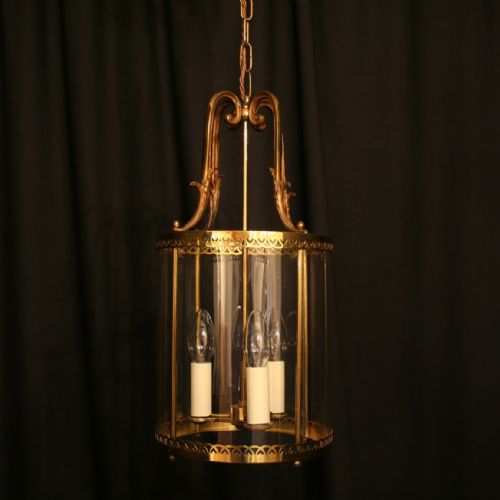 A French Brass Triple Light Antique Hall Lantern