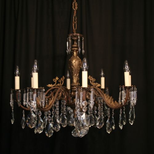 An Italian 8 Light Dark Cast Brass & Crystal Antique Chandelier
