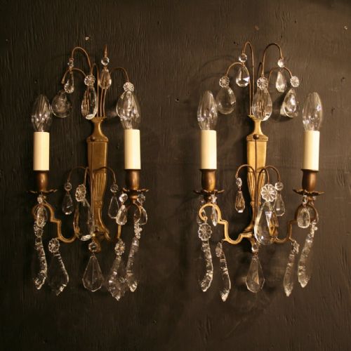 A French Pair of Cast Brass & Crystal Antique Wall Lights