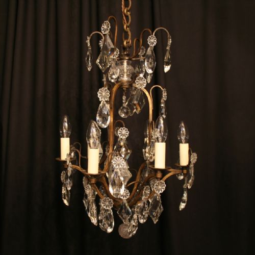 A French Birdcage Crystal & Brass 6 Light Antique Chandelier