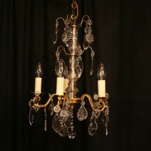 A Small French Gilded & Crystal 5 Light Antique Chandelier