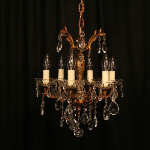 A Small Italian Gilded & Crystal 6 Light Antique Chandelier