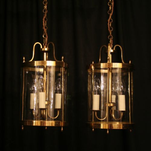 A French Pair of Triple Light Brass Antique Hall Lanterns