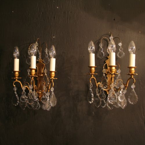 A French Pair of Gilded & Crystal Triple Arm Antique Wall Lights