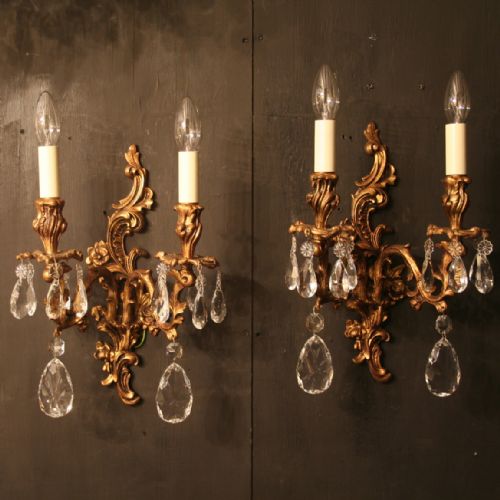 An Ornate Italian Pair of Twin Arm Bronze Antique Wall Lights