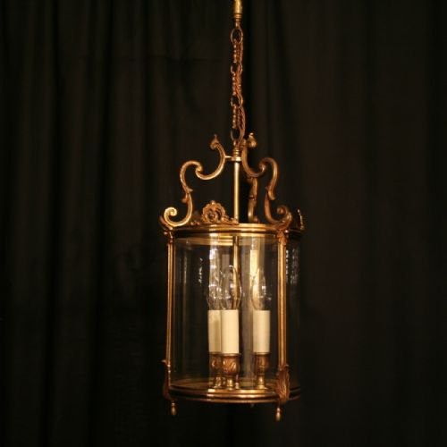 A French Gilded Triple Light Antique Hall Lantern