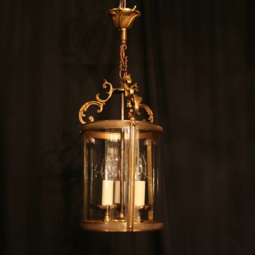 A French Gilded Triple Light Antique Hall Lantern