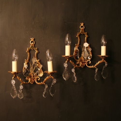 A French Pair of Gilt & Crystal Wall Lights