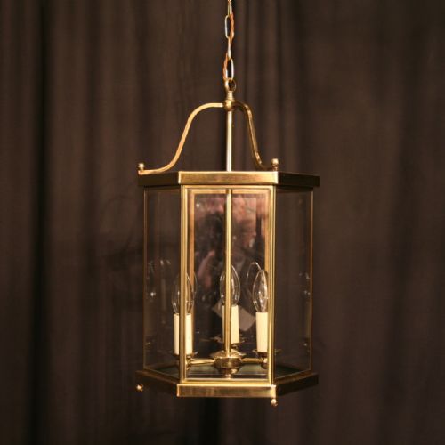 A French Brass Triple Light Antique Hall Lantern