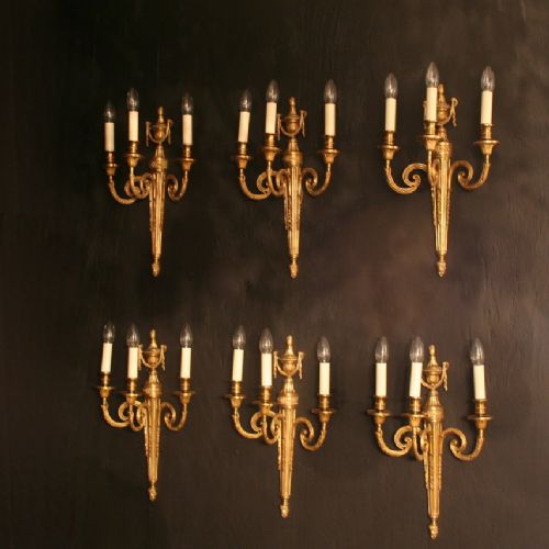 A French Set of 6 Gilded Triple Arm Wall Lights