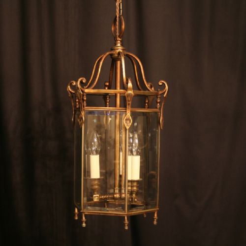 A French Triple Light Brass Hexagonal Antique Lantern