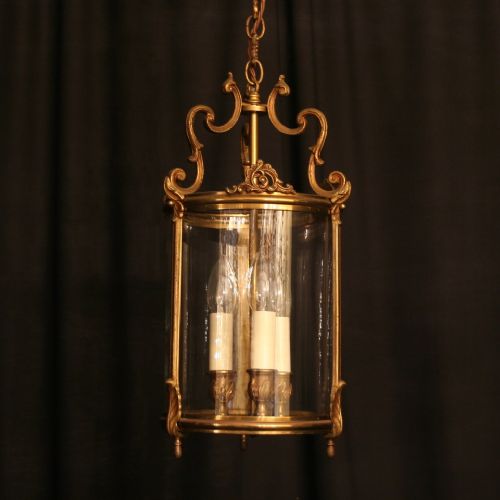 A French Gilded Triple Light Antique Hall Lantern