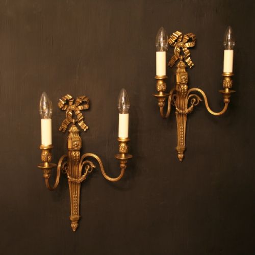 A French Pair of Gilded Bronze Antique Wall Lights