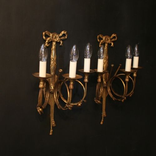 A French Pair of Gilded Triple Arm Antique Wall Lights