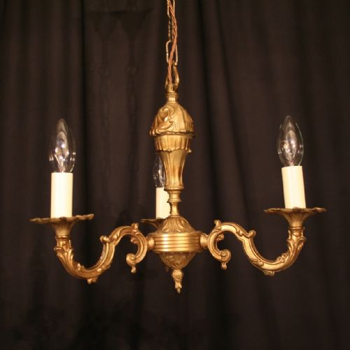 A Small French Gilded Brass Triple Light Chandelier