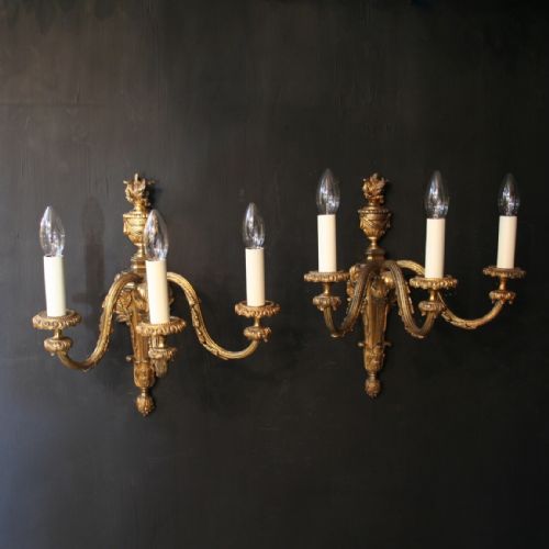 An English Pair of Bronze Triple Arm Antique Wall Lights
