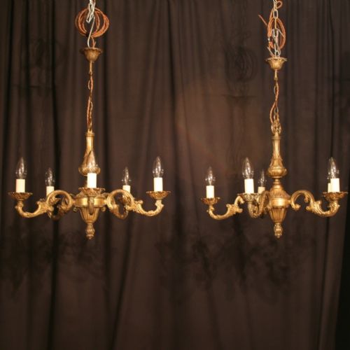 A French Pair of Gilded 5 Light Antique Chandeliers