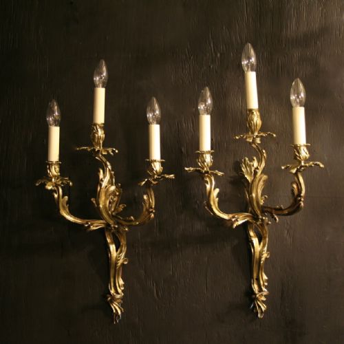 A French Pair of Triple Arm Cast Brass Antique Wall Sconces