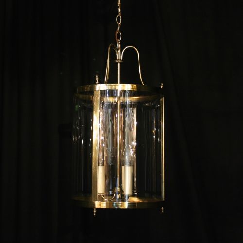 A Large English Brass Triple Light Antique Convex Hall Lantern