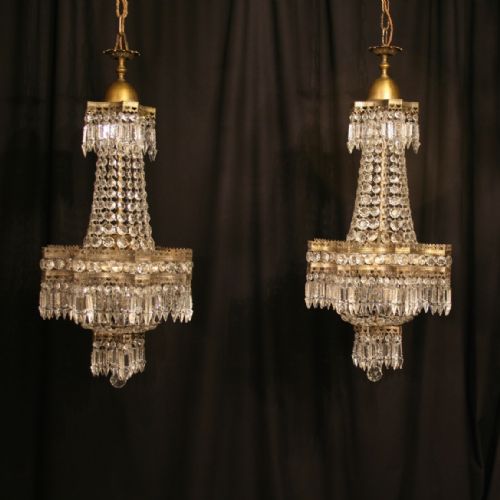 An Italian Pair of Triple Light Tent & Waterfall Antique Chandeliers