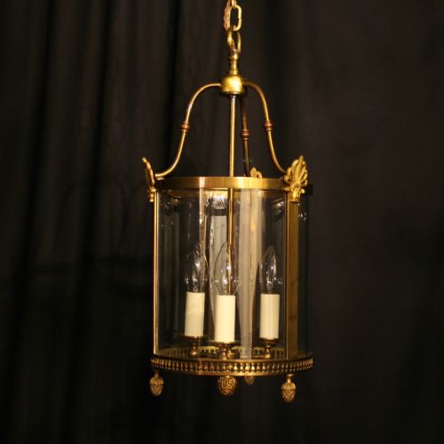 A French Gilded Triple Light Convex Antique Hall Lantern