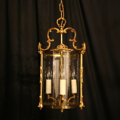 A French Gilded Triple Light Convex Antique Hall Lantern